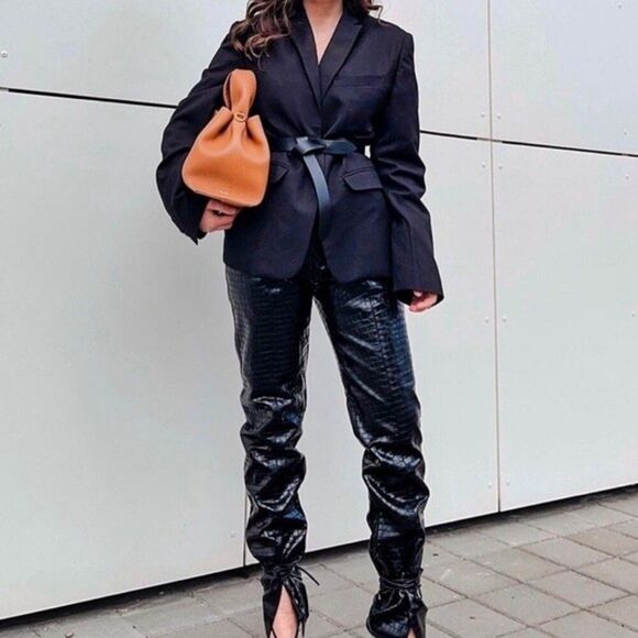 New Zara Faux Leather Croc Embossed Pants Size L - Picture 1 of 12